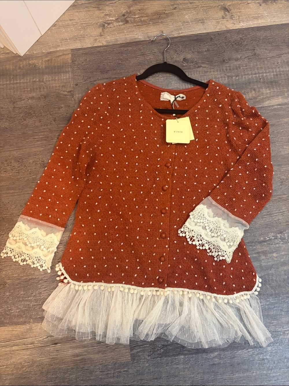 Rust Dot Knit Top with Lace Trim